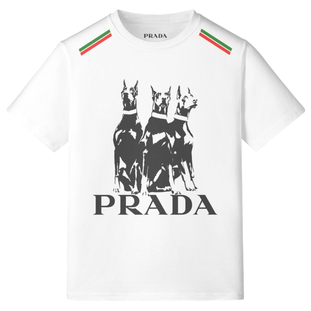 Prada White Tee with Black Doberman Trio and Red-Green Shoulder Stripes